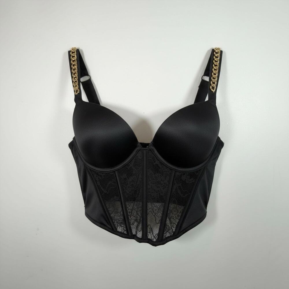 Victorias Secret Black Lace Very Sexy Push Up Corset Gold Chain Straps Women 32A